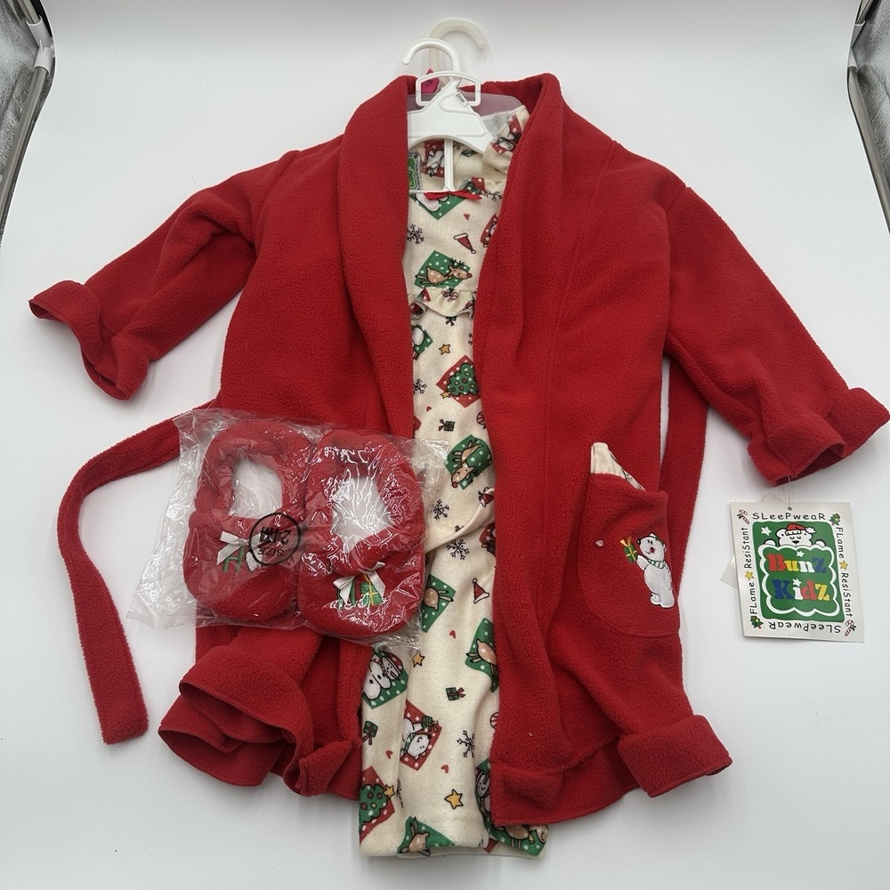 Bunz Kidz Christmas Pajamas Set 24M Red Fleece Robe Slippers Polar Bear Holiday